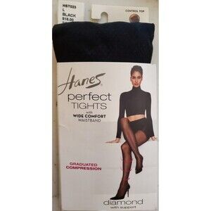 Hanes Perfect Tights With Compression Diamond And Control Top Black LARGE - NEW